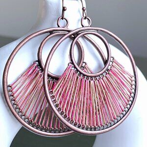 Copper Delicate Shimmer Pink Purple Tan Hand Threaded Round Dangle Earrings New
